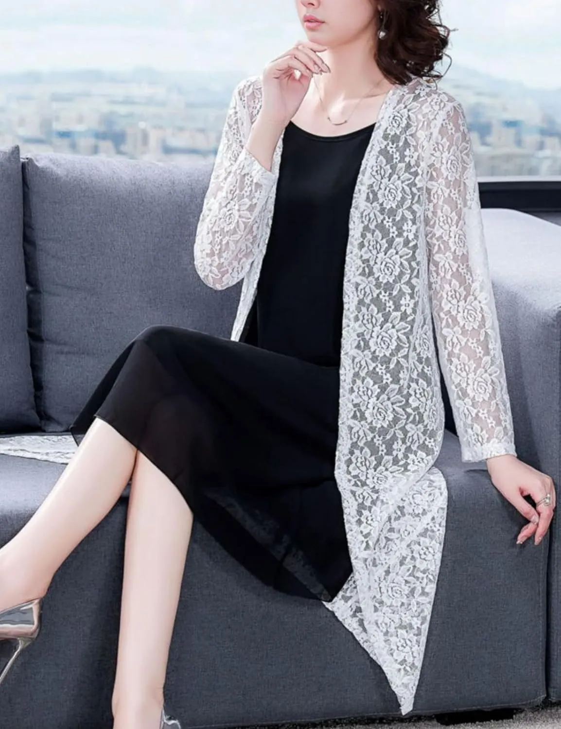 FindThy Womens Casual Long Duster Cardigan 3/4 Sleeve Open Front Embroidered Lace Kimono Cover Up