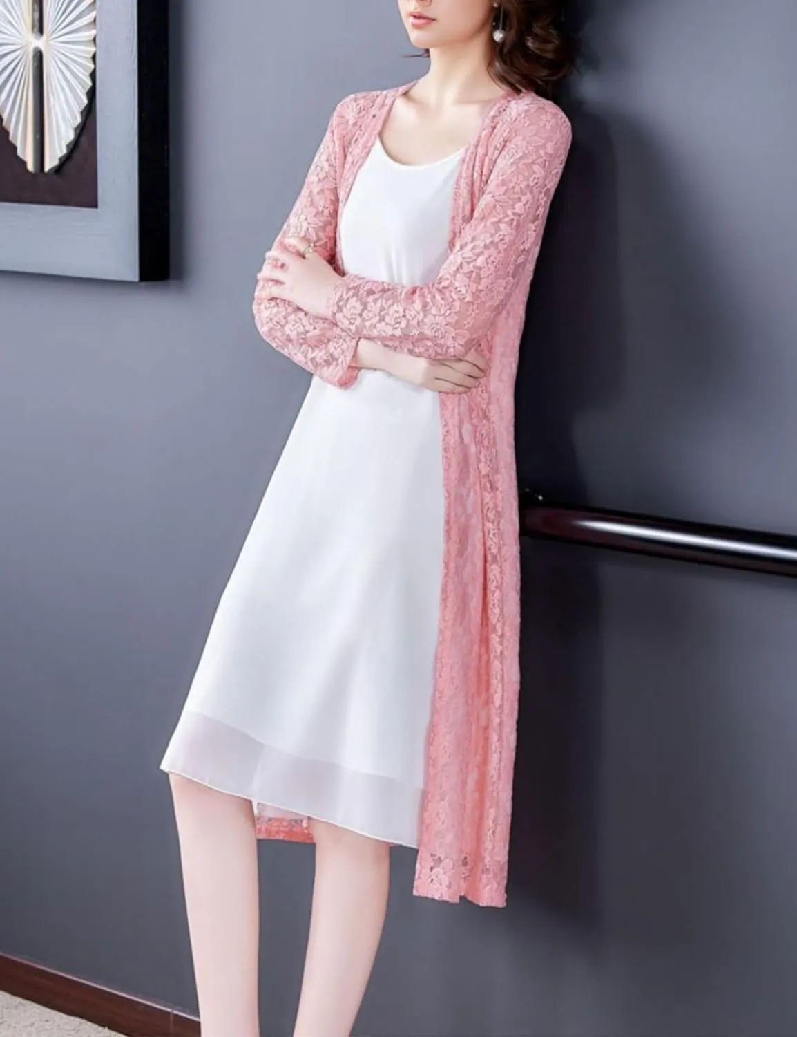 FindThy Womens Casual Long Duster Cardigan 3/4 Sleeve Open Front Embroidered Lace Kimono Cover Up