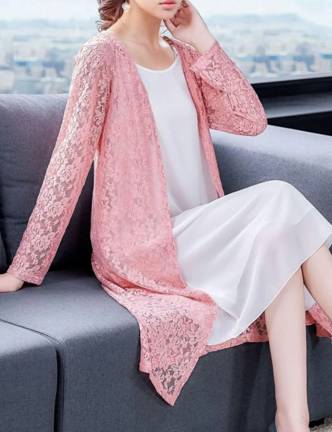FindThy Womens Casual Long Duster Cardigan 3/4 Sleeve Open Front Embroidered Lace Kimono Cover Up
