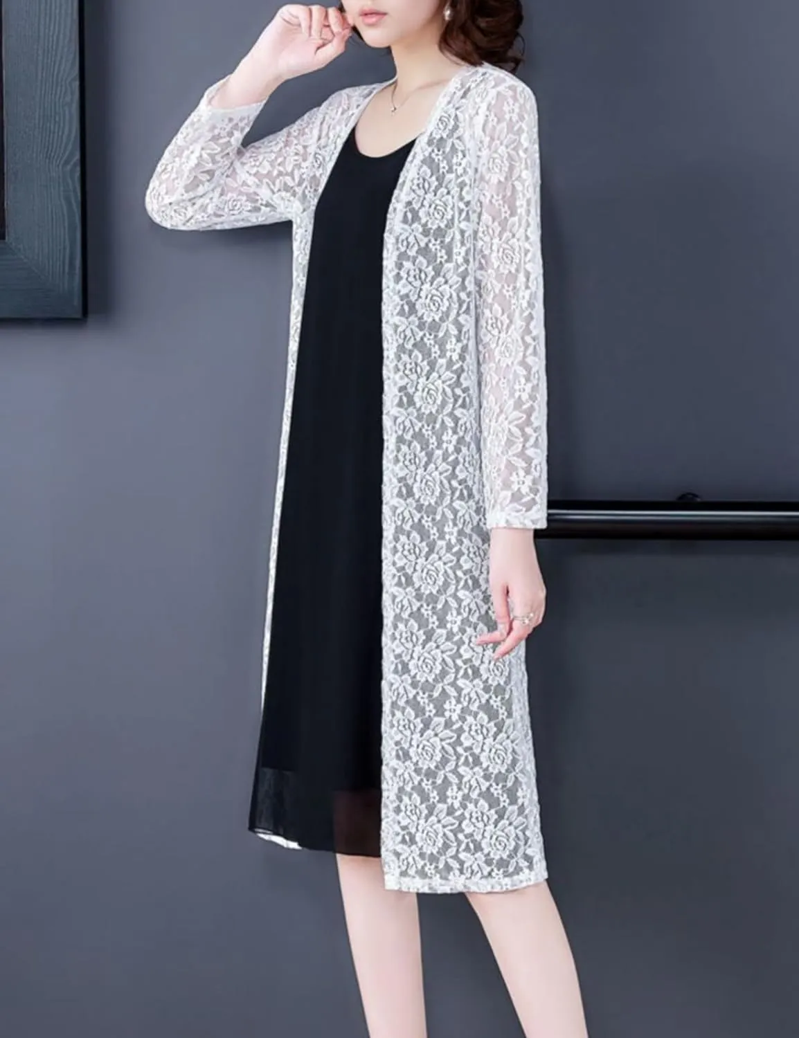 FindThy Womens Casual Long Duster Cardigan 3/4 Sleeve Open Front Embroidered Lace Kimono Cover Up