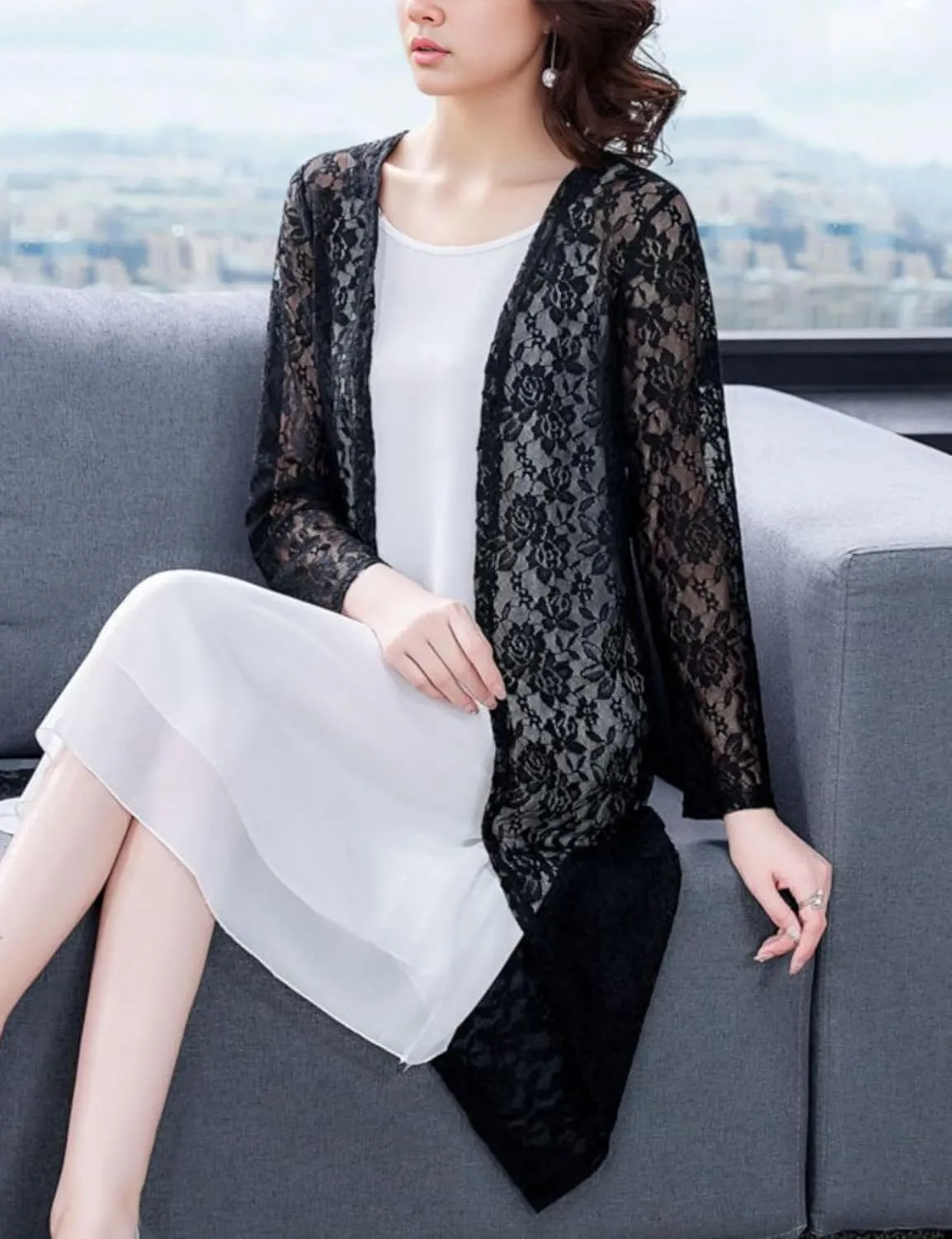 FindThy Womens Casual Long Duster Cardigan 3/4 Sleeve Open Front Embroidered Lace Kimono Cover Up