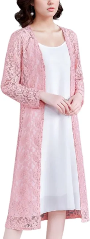 FindThy Womens Casual Long Duster Cardigan 3/4 Sleeve Open Front Embroidered Lace Kimono Cover Up