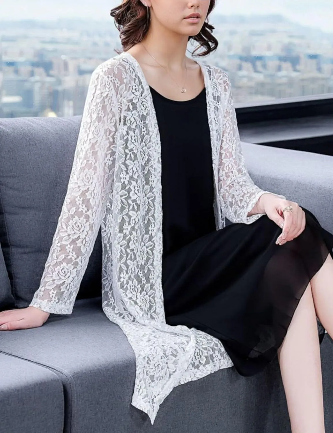 FindThy Womens Casual Long Duster Cardigan 3/4 Sleeve Open Front Embroidered Lace Kimono Cover Up