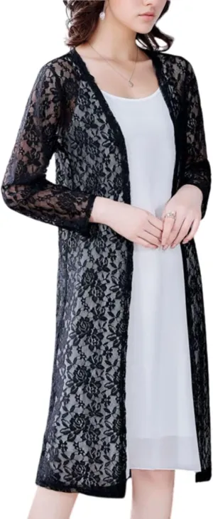 FindThy Womens Casual Long Duster Cardigan 3/4 Sleeve Open Front Embroidered Lace Kimono Cover Up