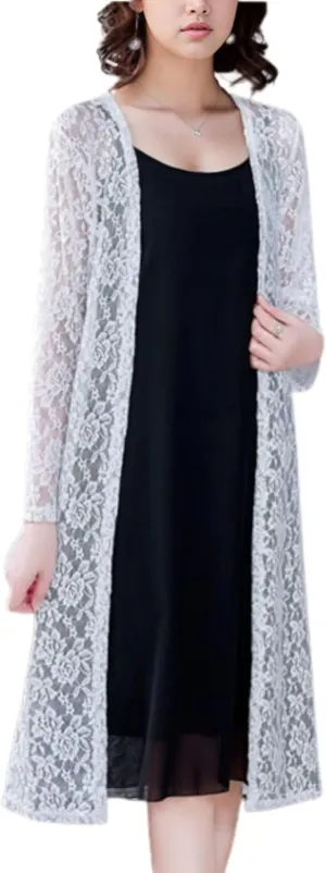 FindThy Womens Casual Long Duster Cardigan 3/4 Sleeve Open Front Embroidered Lace Kimono Cover Up