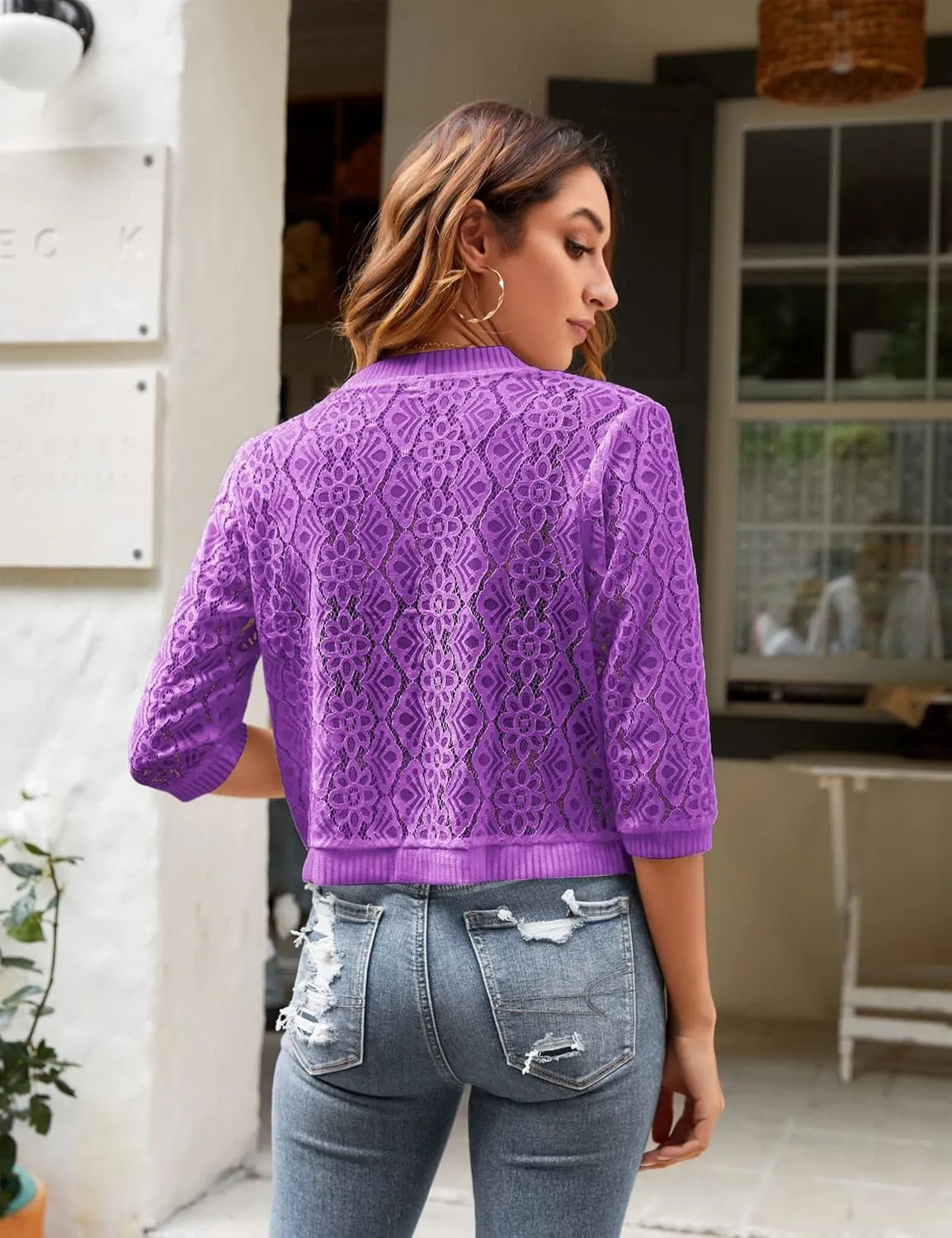 FindThy Womens Casual Summer Lace Cardigan Open Front 3/4 Sleeve Solid Lace Shrug Cover Up