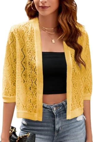 FindThy Womens Casual Summer Lace Cardigan Open Front 3/4 Sleeve Solid Lace Shrug Cover Up