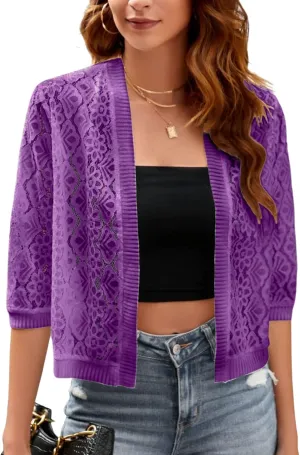 FindThy Womens Casual Summer Lace Cardigan Open Front 3/4 Sleeve Solid Lace Shrug Cover Up