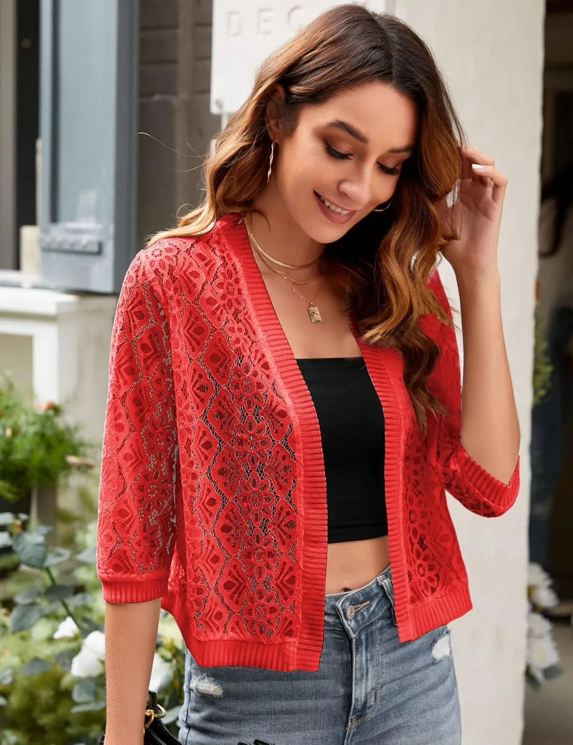 FindThy Womens Casual Summer Lace Cardigan Open Front 3/4 Sleeve Solid Lace Shrug Cover Up
