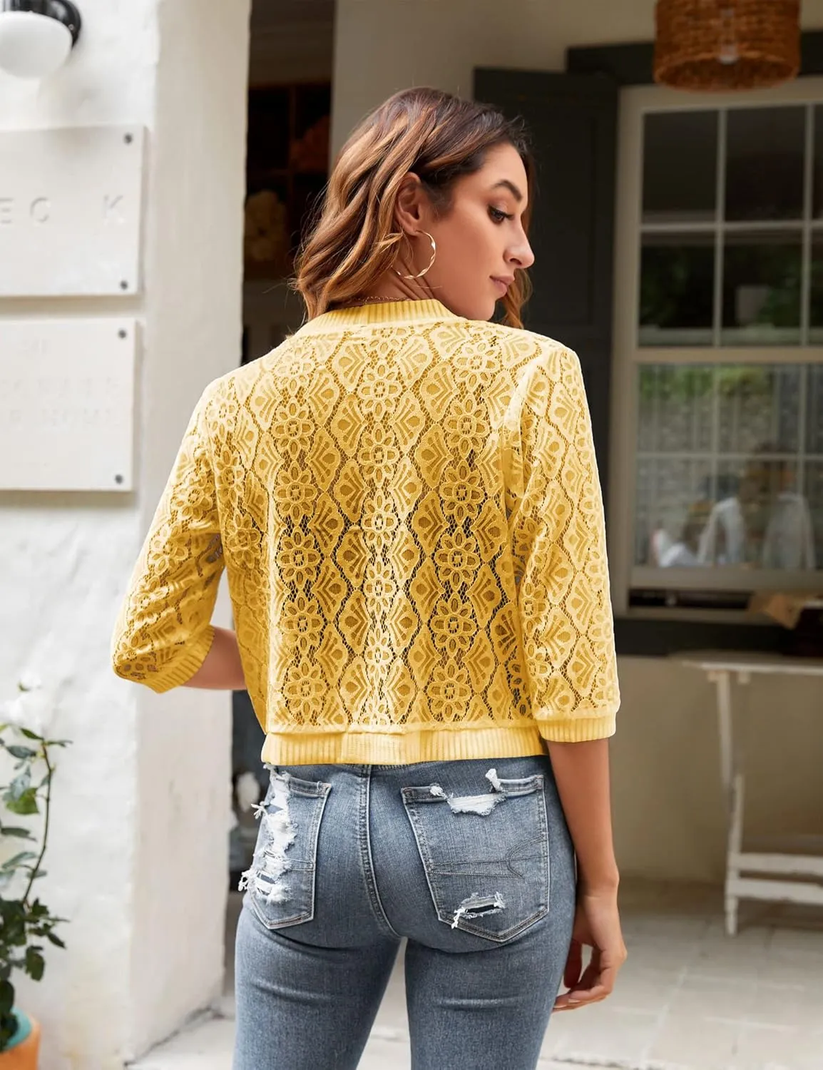 FindThy Womens Casual Summer Lace Cardigan Open Front 3/4 Sleeve Solid Lace Shrug Cover Up