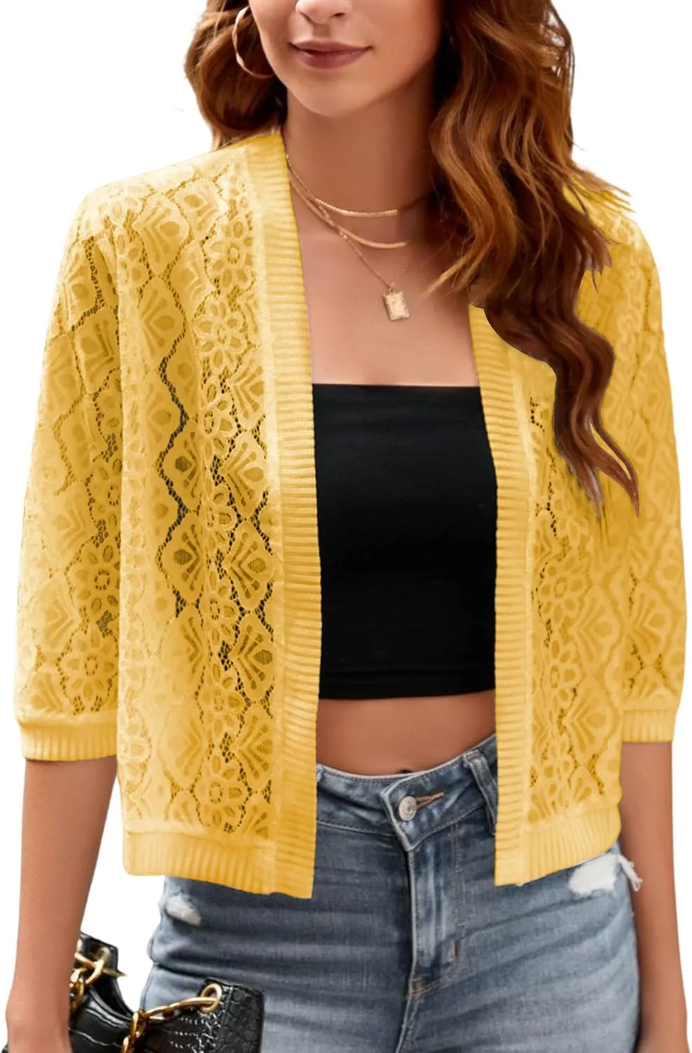 FindThy Womens Casual Summer Lace Cardigan Open Front 3/4 Sleeve Solid Lace Shrug Cover Up