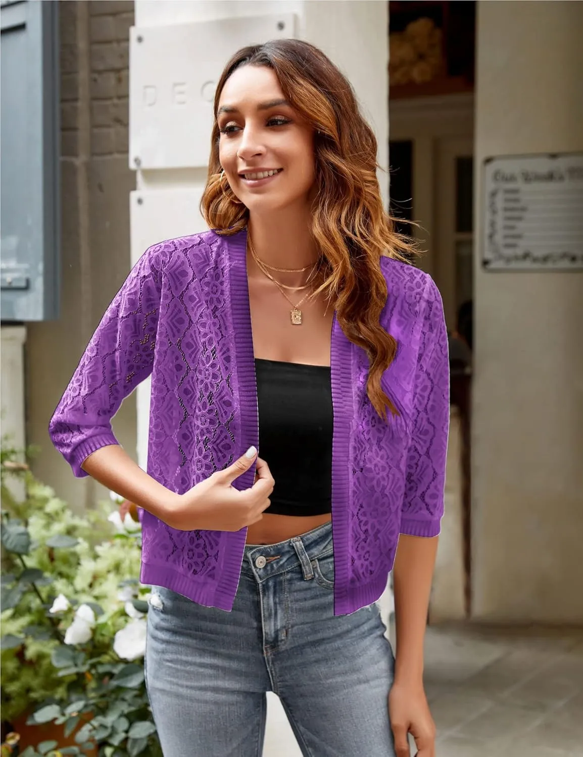 FindThy Womens Casual Summer Lace Cardigan Open Front 3/4 Sleeve Solid Lace Shrug Cover Up
