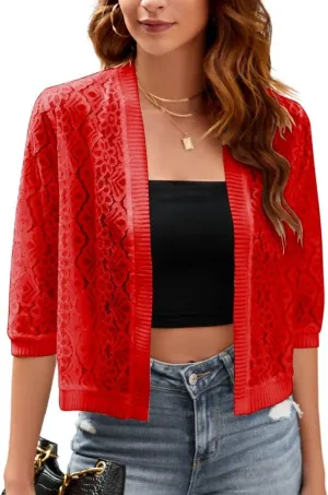 FindThy Womens Casual Summer Lace Cardigan Open Front 3/4 Sleeve Solid Lace Shrug Cover Up