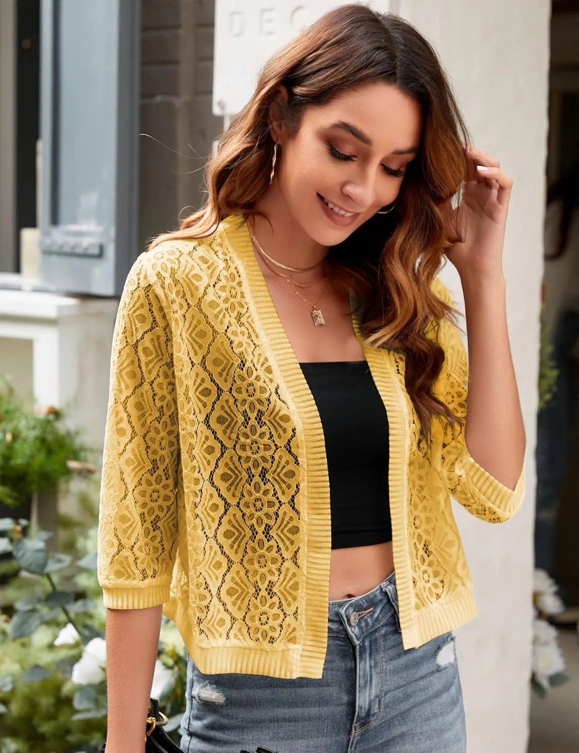 FindThy Womens Casual Summer Lace Cardigan Open Front 3/4 Sleeve Solid Lace Shrug Cover Up