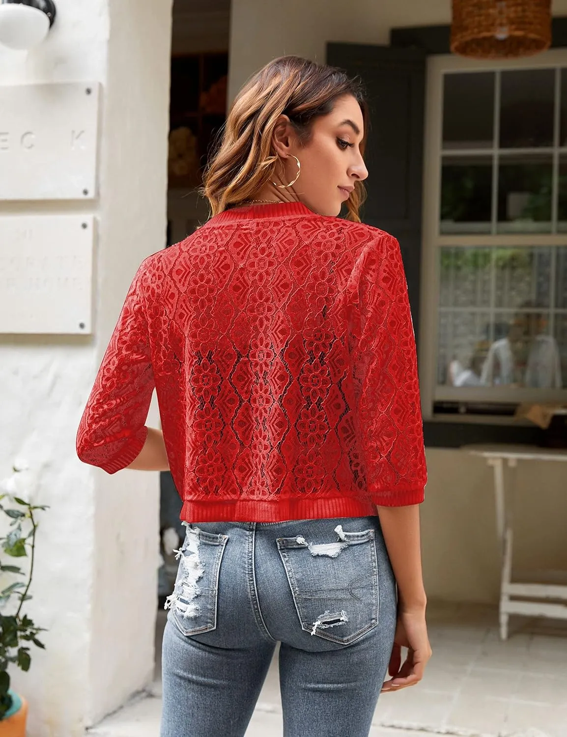FindThy Womens Casual Summer Lace Cardigan Open Front 3/4 Sleeve Solid Lace Shrug Cover Up