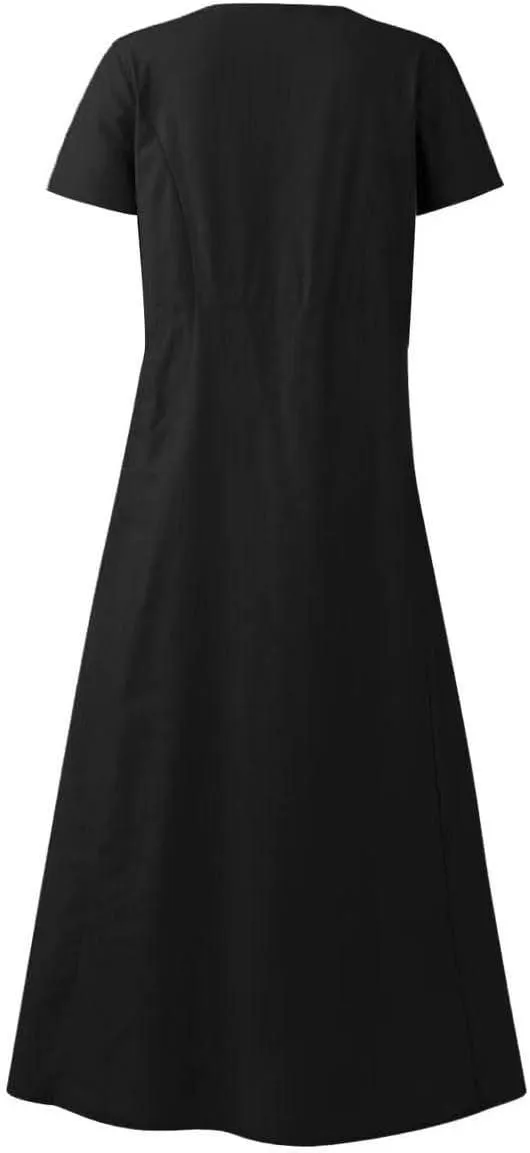 Finelylove Summer Dresses for Women 2025 Casual Flowy Midi Linen Dresses Short Sleeve Bohemian Beach Dress Gauze Sundress