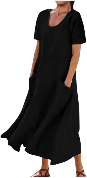 Finelylove Summer Dresses for Women 2025 Casual Flowy Midi Linen Dresses Short Sleeve Bohemian Beach Dress Gauze Sundress