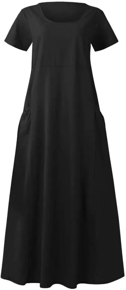Finelylove Summer Dresses for Women 2025 Casual Flowy Midi Linen Dresses Short Sleeve Bohemian Beach Dress Gauze Sundress