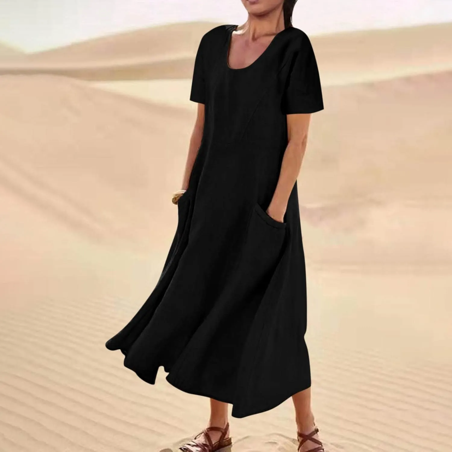 Finelylove Summer Dresses for Women 2025 Casual Flowy Midi Linen Dresses Short Sleeve Bohemian Beach Dress Gauze Sundress