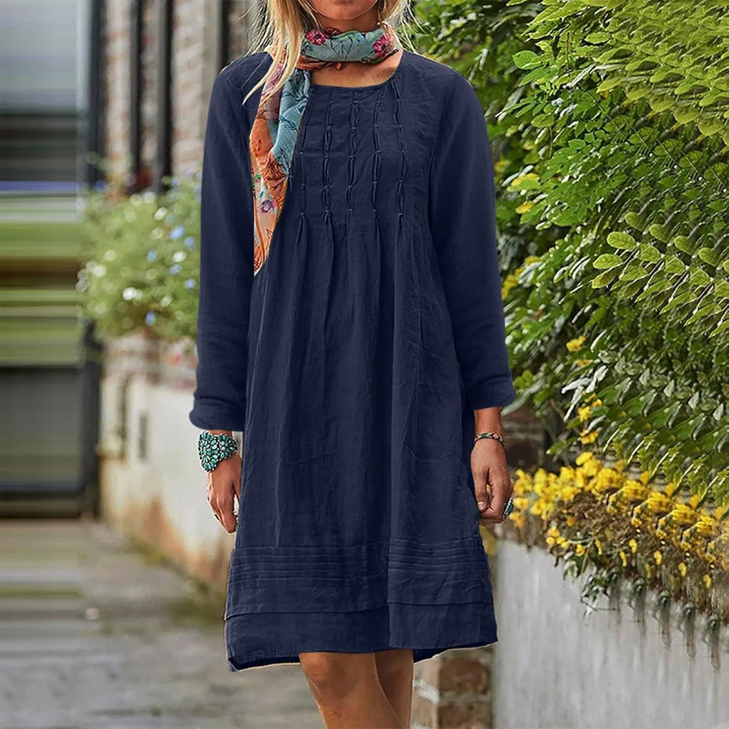 Finelylove Womens Summer Cotton Linen Dresses Short Flowy Beach Dress Long Sleeve Ruffled Shift Dress Casual Loose Sundress