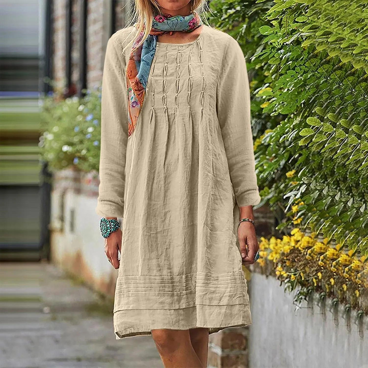 Finelylove Womens Summer Cotton Linen Dresses Short Flowy Beach Dress Long Sleeve Ruffled Shift Dress Casual Loose Sundress