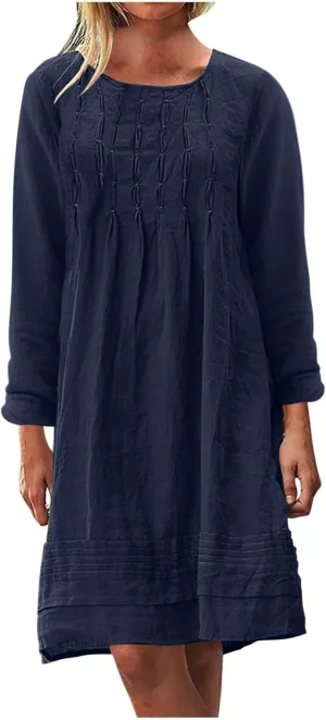 Finelylove Womens Summer Cotton Linen Dresses Short Flowy Beach Dress Long Sleeve Ruffled Shift Dress Casual Loose Sundress