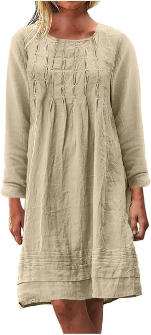 Finelylove Womens Summer Cotton Linen Dresses Short Flowy Beach Dress Long Sleeve Ruffled Shift Dress Casual Loose Sundress