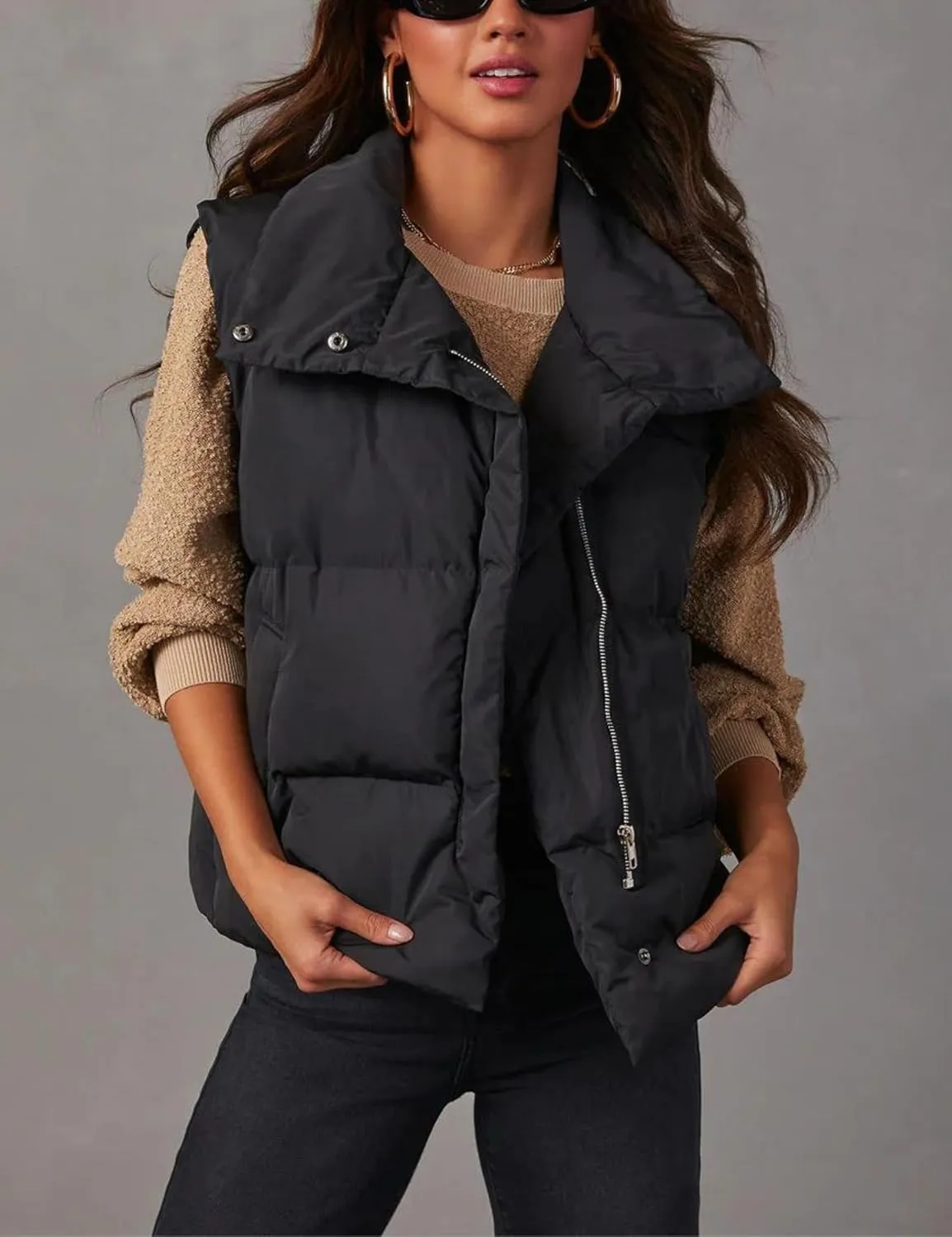 Fiona Jolin Puffer Vest Women Lightweight Winter Zip Up Stand Collar Sleeveless Puffy Jackets Padded Coats