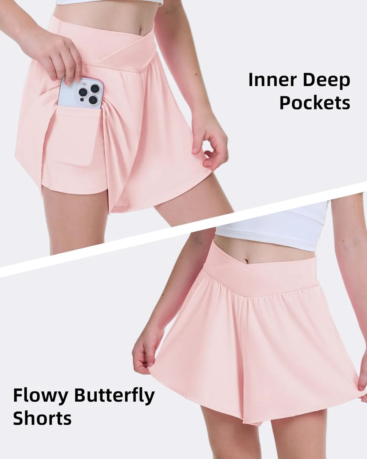 FireSwan Girls Butterfly Shorts Crossover Athletic Shorts with Pockets 2 in 1 Flowy Running Skorts for Teen, Girls, Youth
