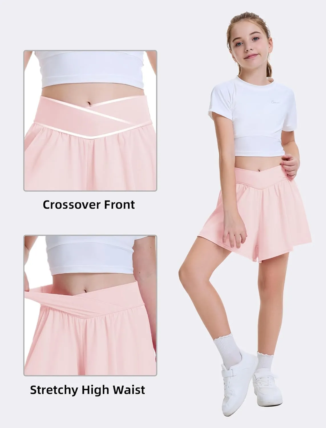 FireSwan Girls Butterfly Shorts Crossover Athletic Shorts with Pockets 2 in 1 Flowy Running Skorts for Teen, Girls, Youth