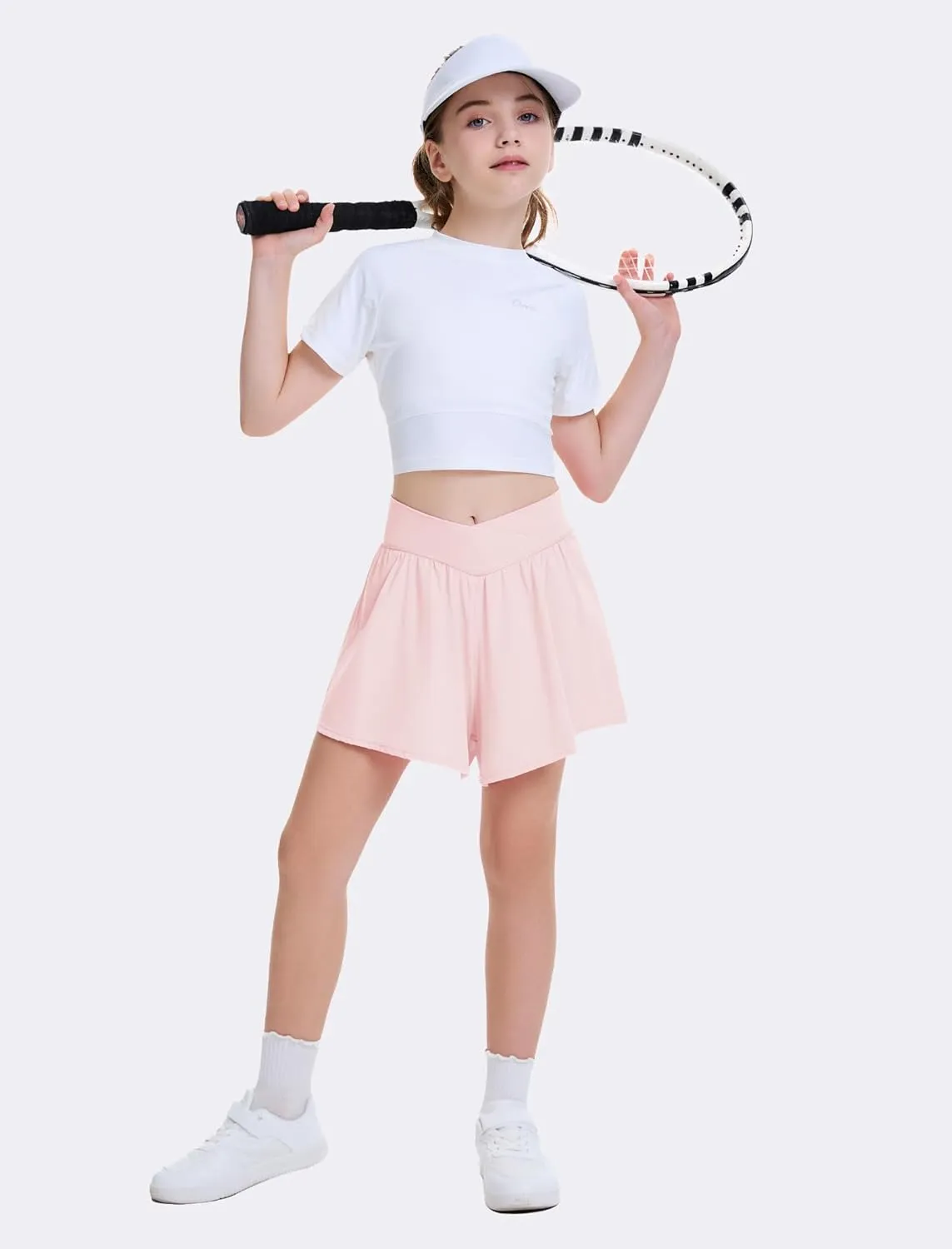 FireSwan Girls Butterfly Shorts Crossover Athletic Shorts with Pockets 2 in 1 Flowy Running Skorts for Teen, Girls, Youth