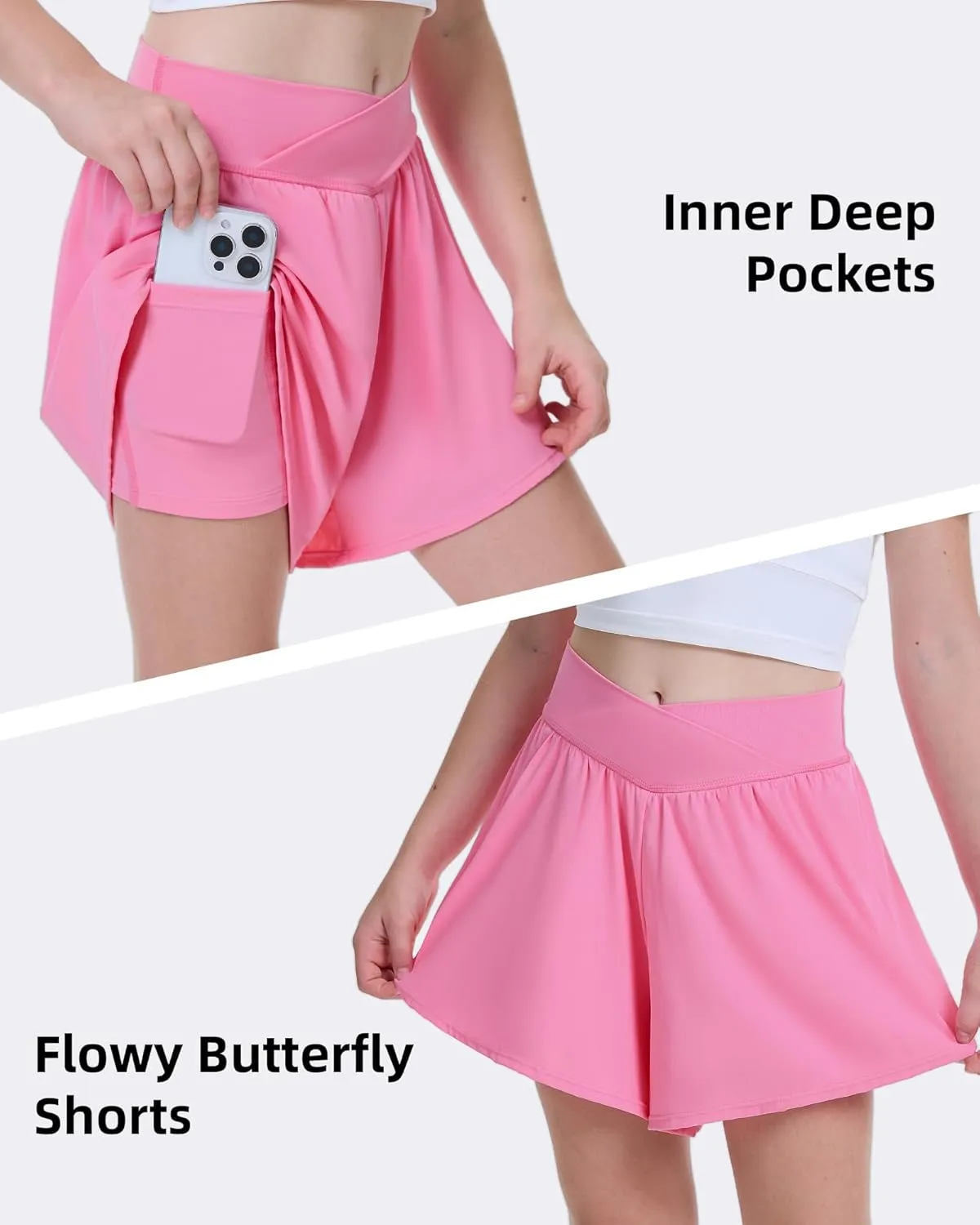 FireSwan Girls Butterfly Shorts Crossover Athletic Shorts with Pockets 2 in 1 Flowy Running Skorts for Teen, Girls, Youth
