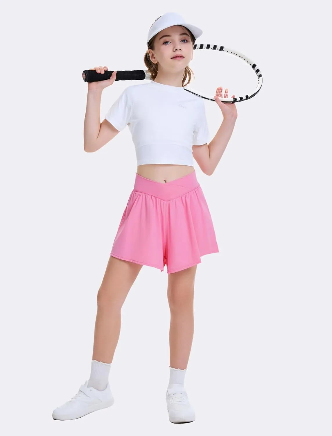 FireSwan Girls Butterfly Shorts Crossover Athletic Shorts with Pockets 2 in 1 Flowy Running Skorts for Teen, Girls, Youth