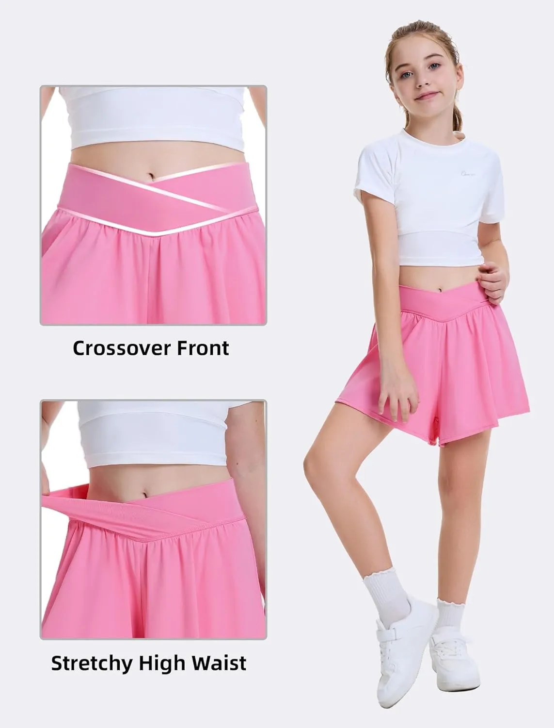 FireSwan Girls Butterfly Shorts Crossover Athletic Shorts with Pockets 2 in 1 Flowy Running Skorts for Teen, Girls, Youth