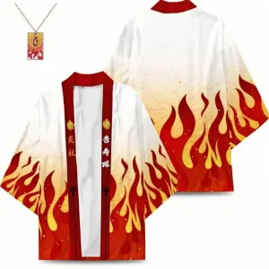 Flame Hashira Kyoujurou Rengoku Kimono Cloak Cardigan Cape Halloween Costume with Necklace for Men and Women