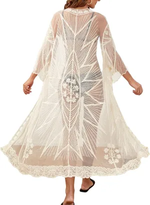 Floerns Women's Embroidery Sheer Mesh 3/4 Sleeve Swimwear Long Kimono Cardigan