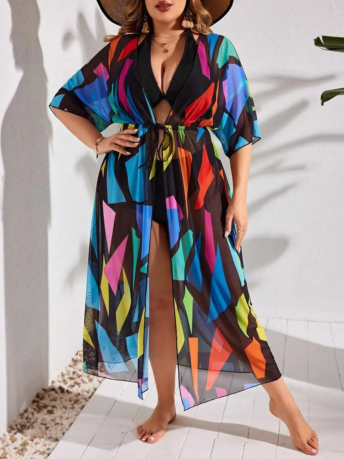 Floerns Women's Plus Size Long Sleeve Sheer Mesh Swimwear Kimono Cardigan