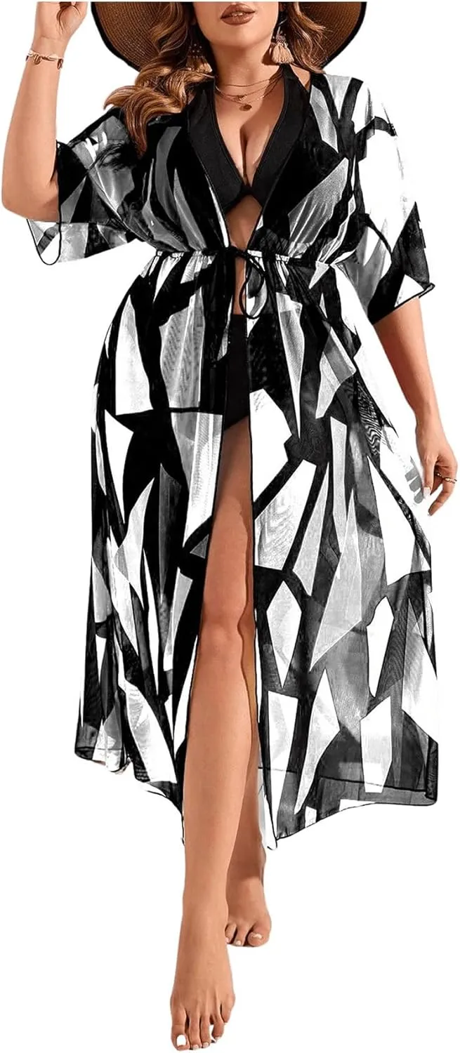 Floerns Women's Plus Size Long Sleeve Sheer Mesh Swimwear Kimono Cardigan