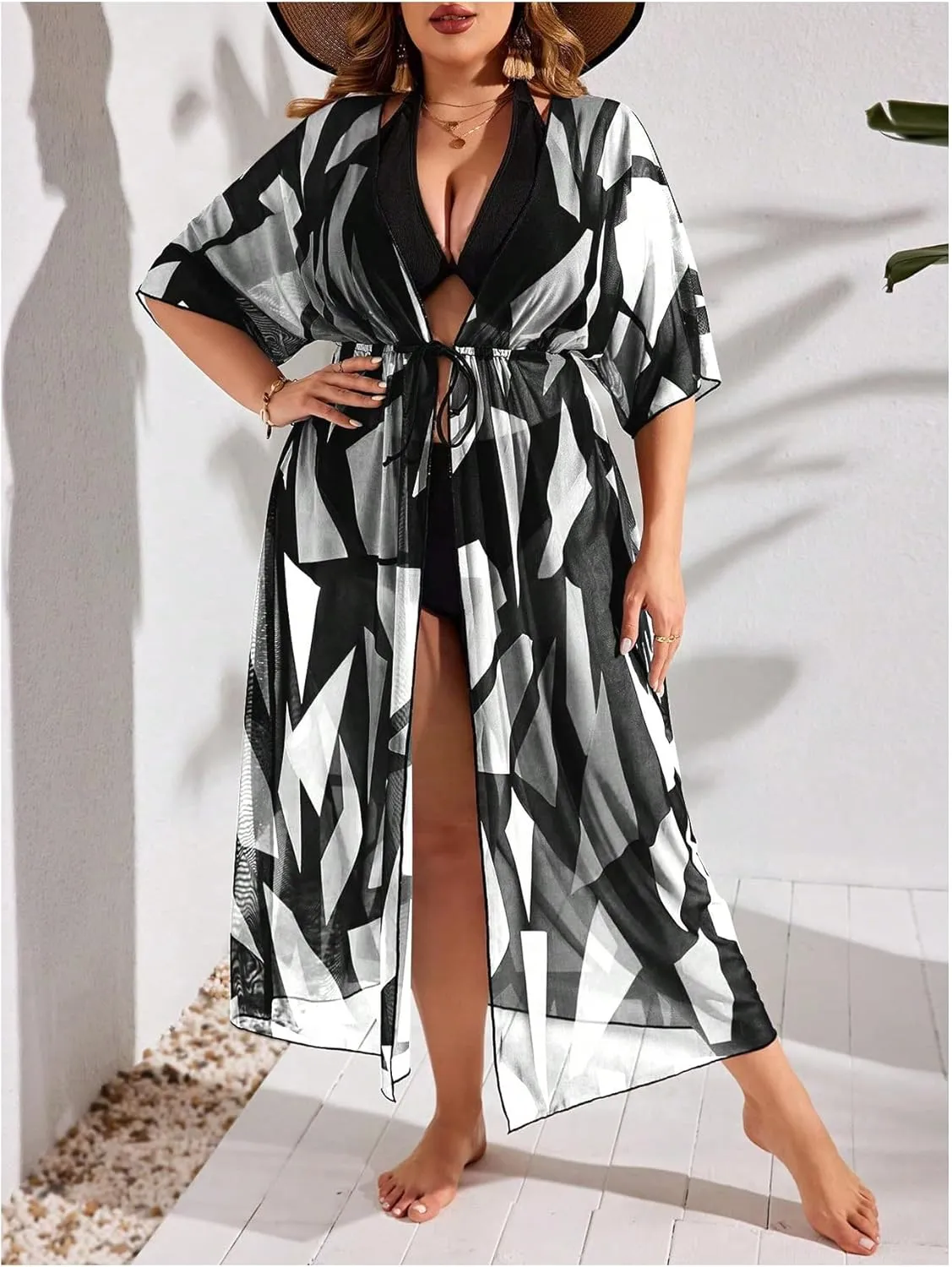 Floerns Women's Plus Size Long Sleeve Sheer Mesh Swimwear Kimono Cardigan