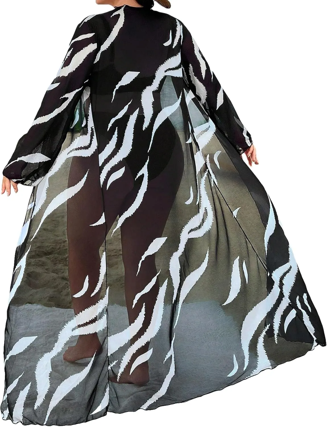 Floerns Women's Plus Size Long Sleeve Sheer Mesh Swimwear Kimono Cardigan