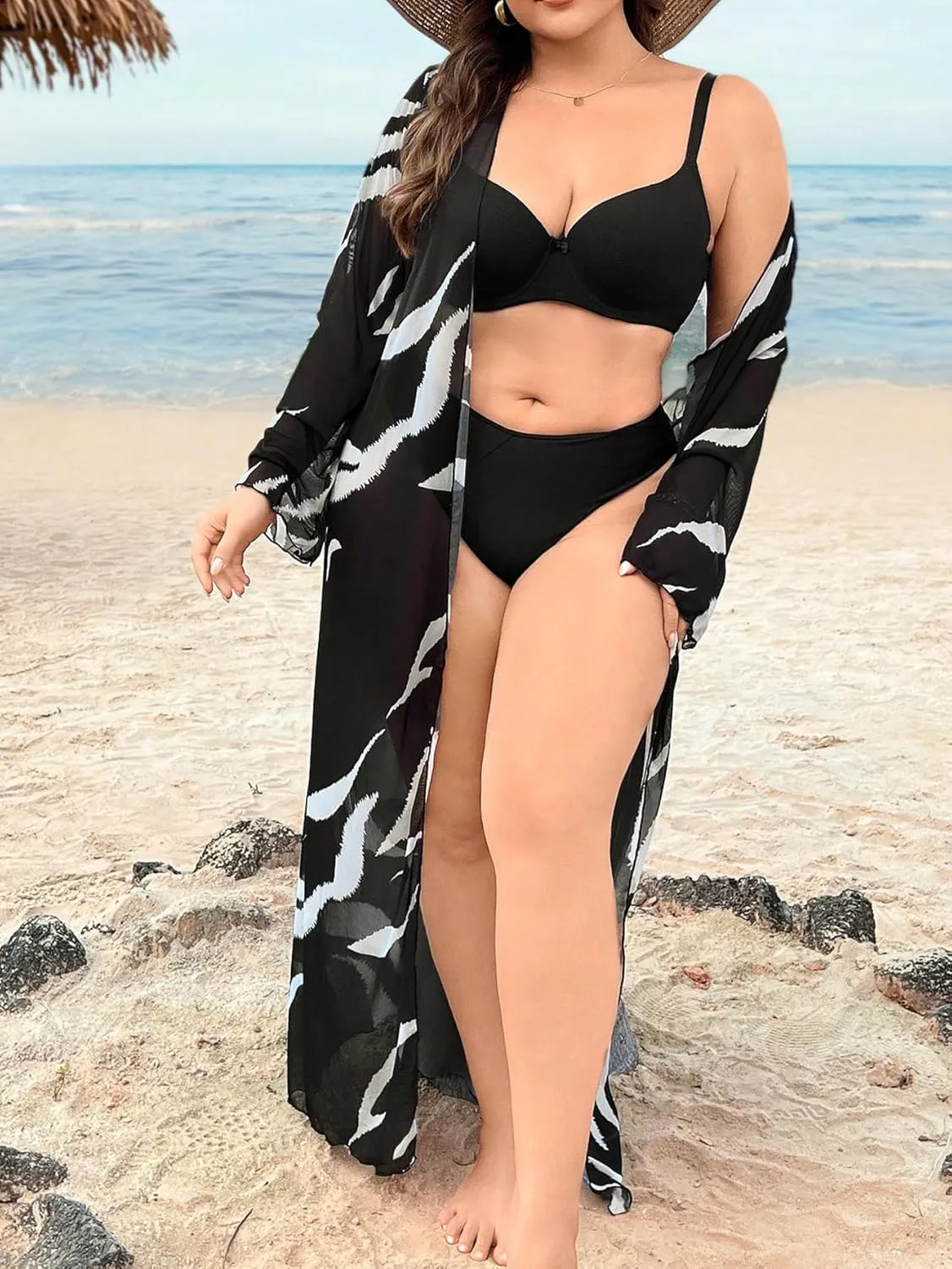 Floerns Women's Plus Size Long Sleeve Sheer Mesh Swimwear Kimono Cardigan