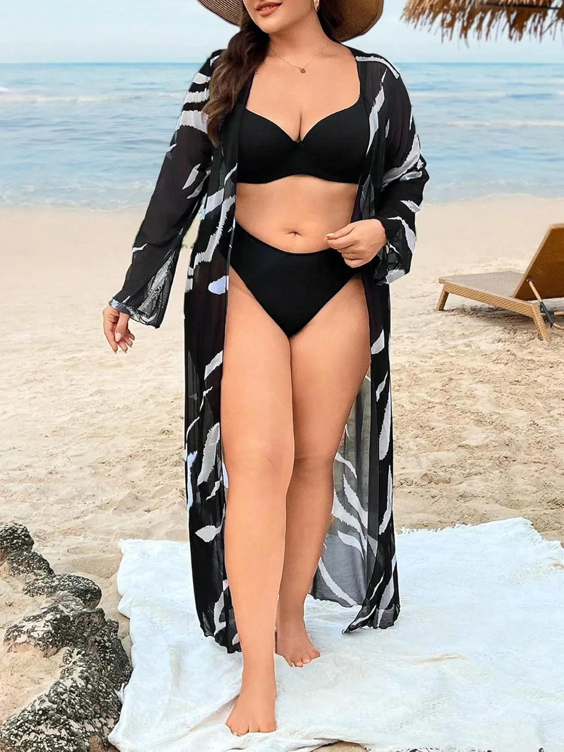 Floerns Women's Plus Size Long Sleeve Sheer Mesh Swimwear Kimono Cardigan