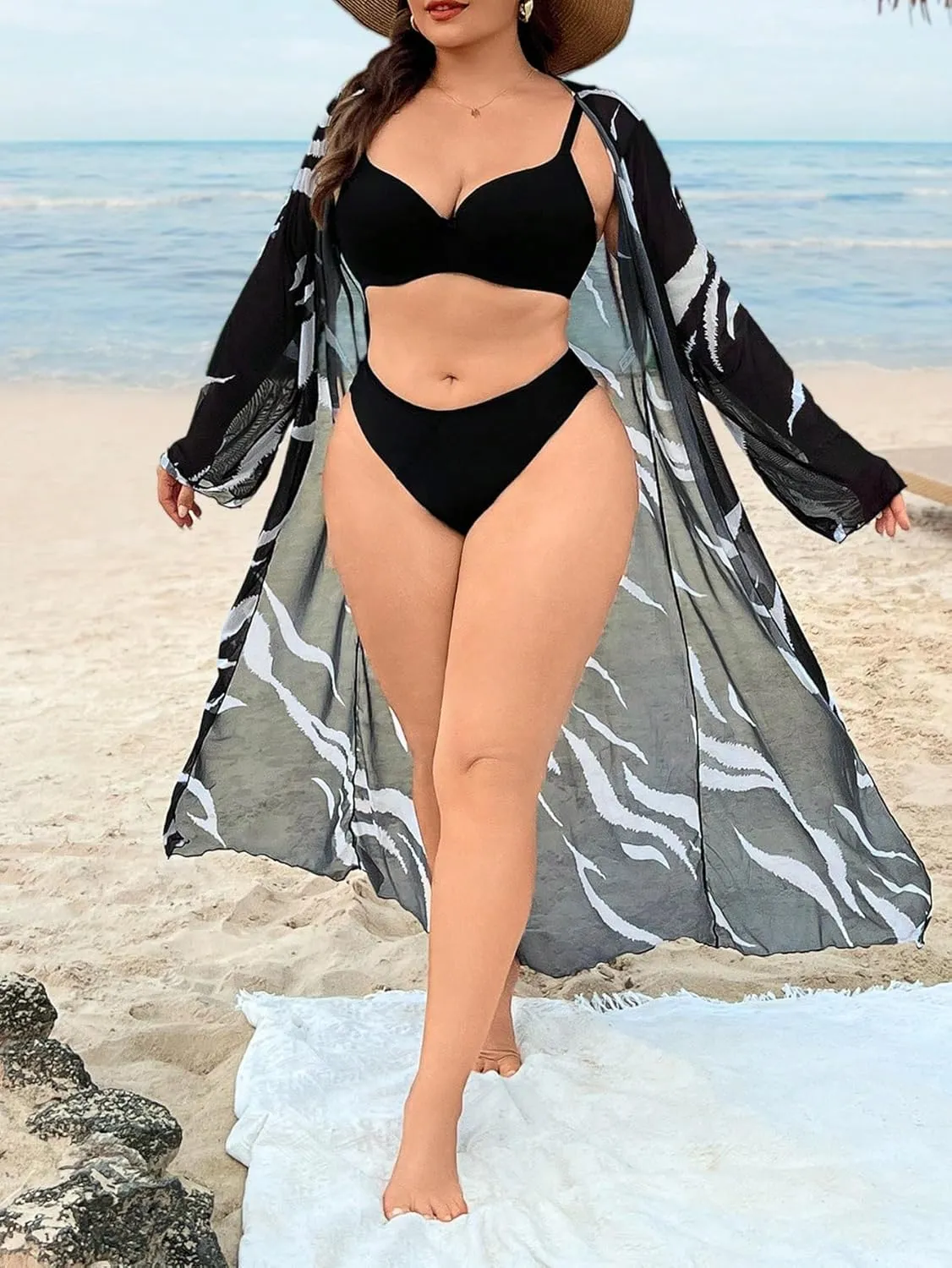 Floerns Women's Plus Size Long Sleeve Sheer Mesh Swimwear Kimono Cardigan