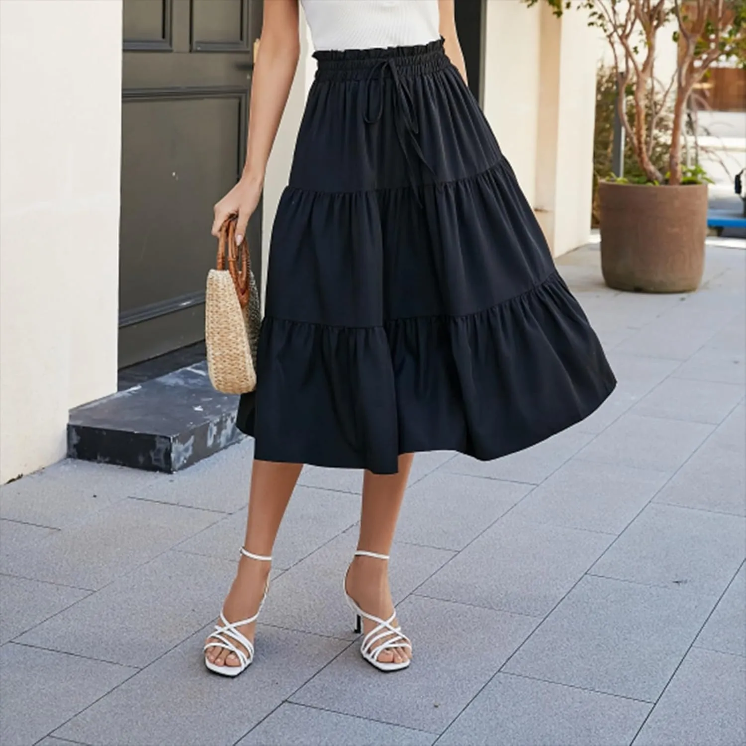 Floral Maxi Skirt for Women Summer Comfy Tiered Elastic High Waisted Boho Skirts Vacation A-Line Flowy Swing Long Skirts