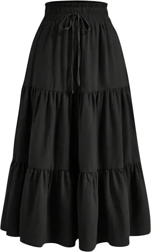 Floral Maxi Skirt for Women Summer Comfy Tiered Elastic High Waisted Boho Skirts Vacation A-Line Flowy Swing Long Skirts
