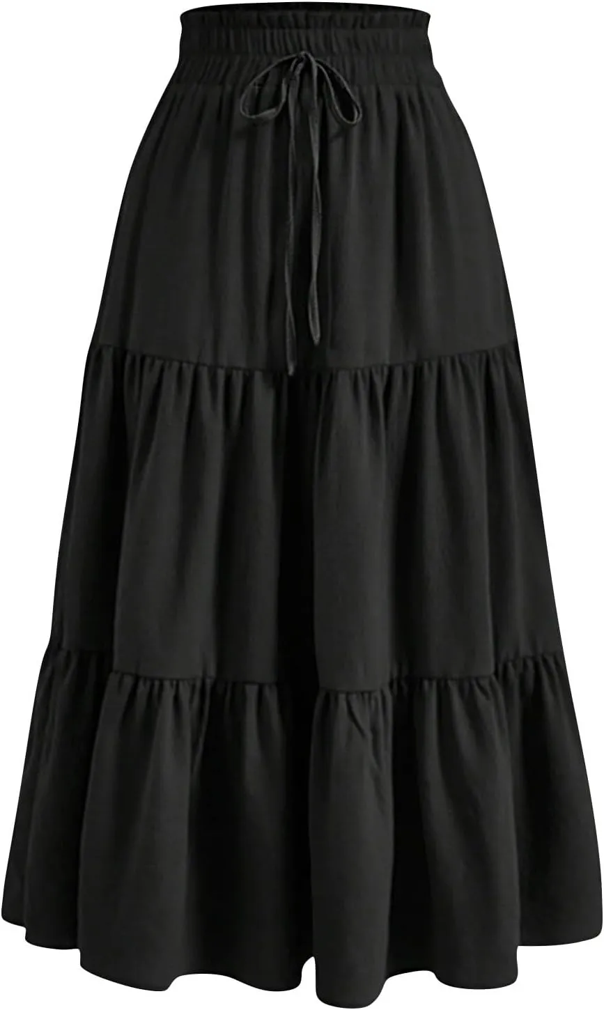 Floral Maxi Skirt for Women Summer Comfy Tiered Elastic High Waisted Boho Skirts Vacation A-Line Flowy Swing Long Skirts