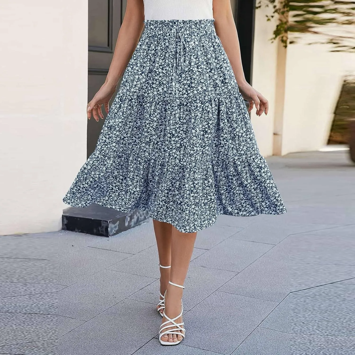 Floral Maxi Skirts for Women Trendy Summer Boho Tiered Long Flowy Skirt Drawstring High Waisted Swing A-Line Skirt