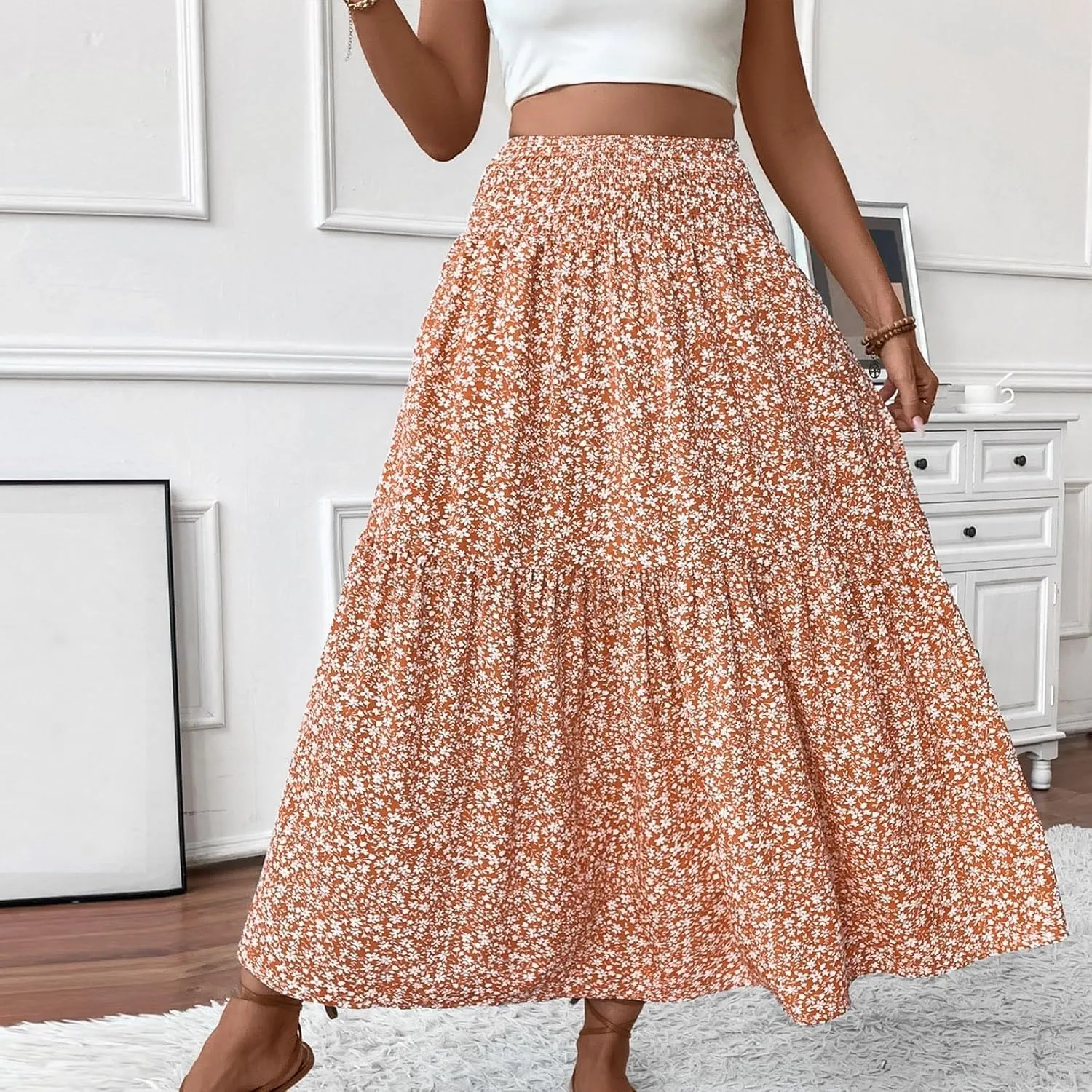 Floral Print Skirt for Womens High Waisted Elasic Cotton Bboho Skirts Casual Flowy Swing Pleated A-Line Maxi Skirt