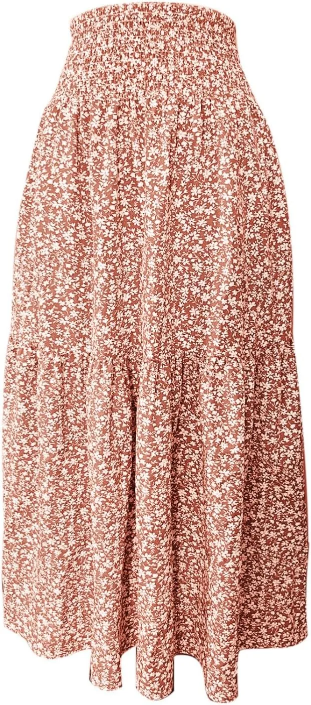 Floral Print Skirt for Womens High Waisted Elasic Cotton Bboho Skirts Casual Flowy Swing Pleated A-Line Maxi Skirt