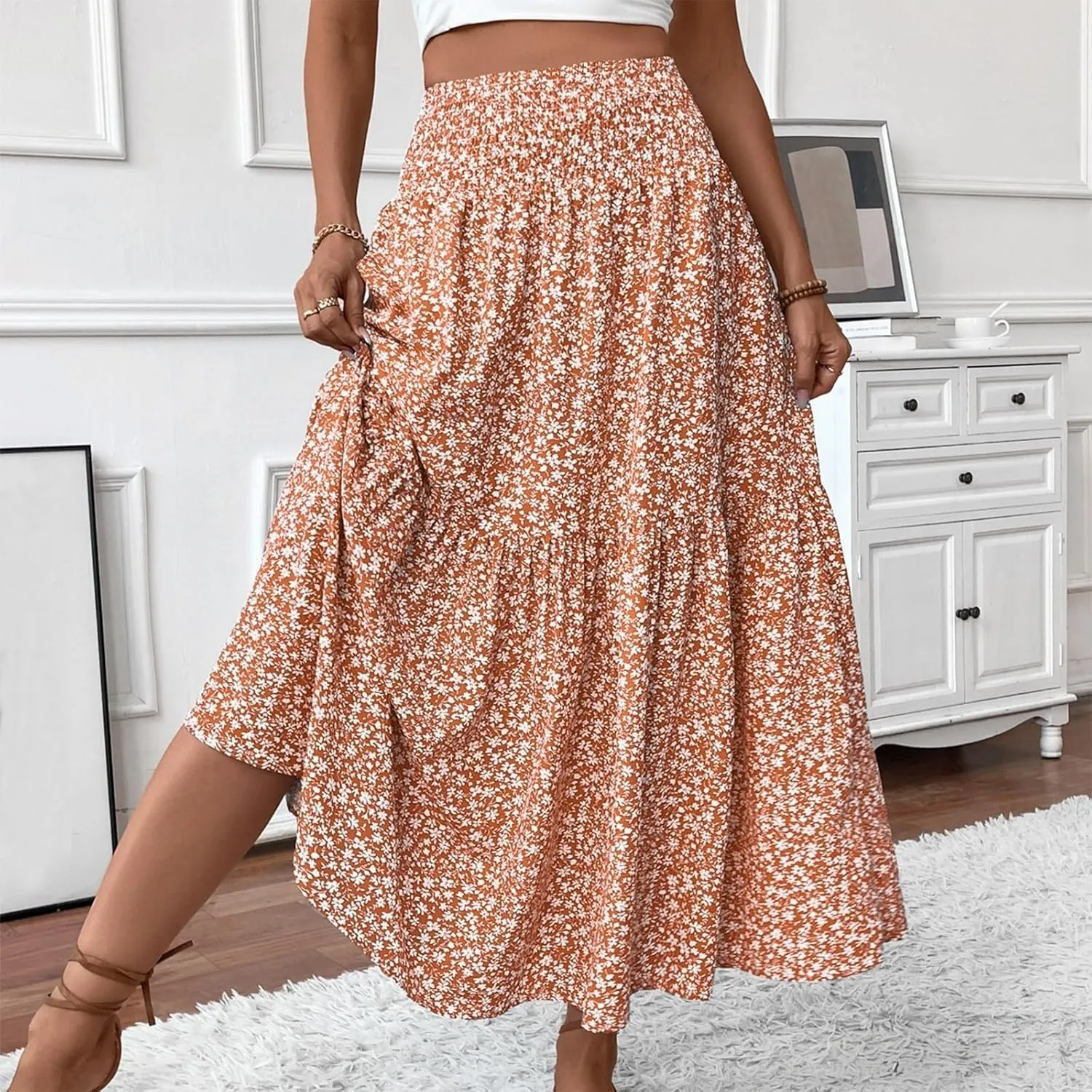 Floral Print Skirt for Womens High Waisted Elasic Cotton Bboho Skirts Casual Flowy Swing Pleated A-Line Maxi Skirt